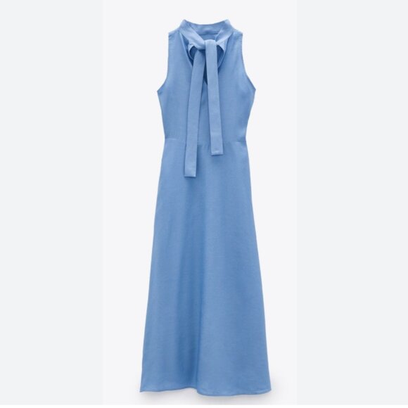 ZARA LINEN BLEND BLUE RUSTIC HALTER NECK DRESS Size Small - Picture 1 of 10